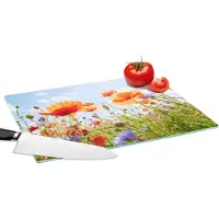 KitchenYeah Glazen Snijplank - 39x28 - Bloemen - Klaproos - Lente - Natuur - Rood - Blauw - Snijplanken Glas