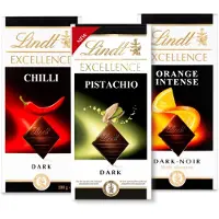 Lindt EXCELLENCE Chocoladereep puur mix- Pure Chocoladerepen Smaakpakket - 100g per reep - 3-pack - Pistache, Sinaasappel, Karamel Zeezout
