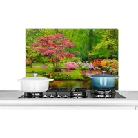 KitchenYeah Spatscherm - Japans - Brug - Botanisch - Bloemen - Natuur - Spatwand - 90x60 cm - Achterwand keuken - Spatscherm keuken