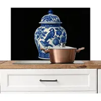 KitchenYeah Spatscherm keuken 90x60 cm - Kookplaat achterwand Pot - Delfts Blauw - Bloemen - Muurbeschermer - Spatwand fornuis - Hoogwaardig aluminium