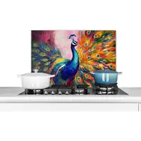 KitchenYeah Spatscherm keuken 70x50 cm - Kookplaat achterwand Pauw - Dieren - Schilderij - Regenboog - Muurbeschermer - Spatwand fornuis - Hoogwaardig aluminium