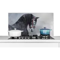KitchenYeah Spatscherm keuken 100x50 cm - Kookplaat achterwand Paard - Grijs - Bruin - Dieren - Rook - Muurbeschermer - Spatwand fornuis - Hoogwaardig aluminium