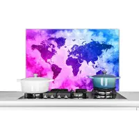 KitchenYeah Spatscherm keuken 80x55 cm - Kookplaat achterwand Wereldkaart - Roze - Paars - Muurbeschermer - Spatwand fornuis - Hoogwaardig aluminium