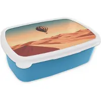 MuchoWow Broodtrommel Blauw - Lunchbox Luchtballon - Woestijn - Zonsondergang - Blauw - Brooddoos 18x12x6 cm - Brood lunch box - Broodtrommels voor kinderen en volwassenen