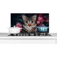 KitchenYeah Spatscherm keuken 90x45 cm - Kookplaat achterwand Kat - Bloemen - Dieren - Botanisch - Muurbeschermer - Spatwand fornuis - Hoogwaardig aluminium