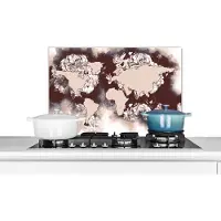 KitchenYeah Spatscherm keuken 60x40 cm - Kookplaat achterwand Wereldkaart - Bruin - Rozen - Muurbeschermer - Spatwand fornuis - Hoogwaardig aluminium