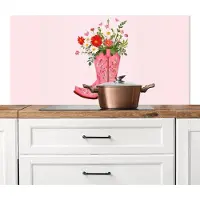KitchenYeah Spatscherm keuken 120x60 cm - Kookplaat achterwand Cowboylaarzen - Roze - Boeket - Bloemen - Muurbeschermer - Spatwand fornuis - Hoogwaardig aluminium