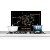 KitchenYeah Spatscherm keuken 60x40 cm - Kookplaat achterwand Kaart - Leeuwarden - Goud - Zwart - Muurbeschermer - Spatwand fornuis - Hoogwaardig aluminium