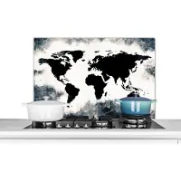 KitchenYeah Spatscherm keuken 90x60 cm - Kookplaat achterwand Wereldkaart - Hout - Zwart - Muurbeschermer - Spatwand fornuis - Hoogwaardig aluminium