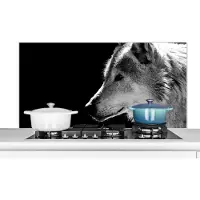 KitchenYeah Spatscherm keuken 120x60 cm - Kookplaat achterwand Wilde dieren - Wolf - Zwart - Wit - Muurbeschermer - Spatwand fornuis - Hoogwaardig aluminium