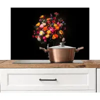 KitchenYeah Spatscherm keuken 90x60 cm - Kookplaat achterwand Kleurrijk - Boeket - Vaas - Donkerbruin - Muurbeschermer - Spatwand fornuis - Hoogwaardig aluminium