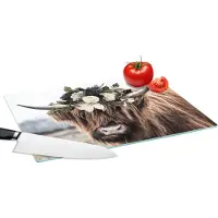 KitchenYeah Glazen Snijplank - 39x28 - Schotse hooglander - Bloemen - Hoorn - Snijplanken Glas