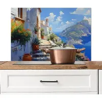 KitchenYeah Spatscherm keuken 90x60 cm - Kookplaat achterwand Trap - Huizen - Berglandschap - Zee - Muurbeschermer - Spatwand fornuis - Hoogwaardig aluminium