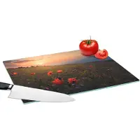 KitchenYeah Glazen Snijplank - 39x28 - Bloemenveld - Gras - Bloemen - Planten - Zonsondergang - Oranje - Snijplanken Glas