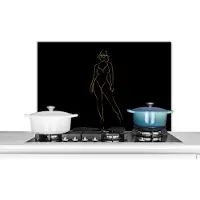 KitchenYeah Spatscherm keuken 80x55 cm - Kookplaat achterwand Zonnebril - Zwart - Goud - Line art - Muurbeschermer - Spatwand fornuis - Hoogwaardig aluminium