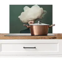 KitchenYeah Spatscherm keuken 70x50 cm - Kookplaat achterwand Hoed - Vrouw - Beige - Muurbeschermer - Spatwand fornuis - Hoogwaardig aluminium