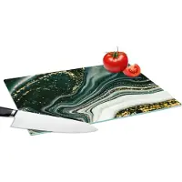 KitchenYeah Glazen Snijplank - 39x28 - Marmerlook - Goud - Groen - Glitter - Design - Marmer - Snijplanken Glas