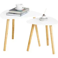 SoBuy FBT74-W 2x Bijzettafel Bamboe Wit/Naturel
