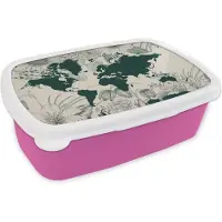 MuchoWow Broodtrommel Roze - Lunchbox - Brooddoos - Wereldkaart - Bloemen - Planten - 18x12x6 cm - Kinderen - Meisje