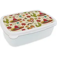 MuchoWow Broodtrommel Wit - Lunchbox - Brooddoos - Mexico - Cactus - Patronen - 18x12x6 cm - Volwassenen