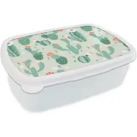 MuchoWow Broodtrommel Wit - Lunchbox - Brooddoos - Cactus - Patronen - Bloem - 18x12x6 cm - Volwassenen