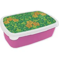 MuchoWow Broodtrommel Roze - Lunchbox - Brooddoos - Bladeren - Bloemen - Boho - Hippie - Patronen - 18x12x6 cm - Kinderen - Meisje