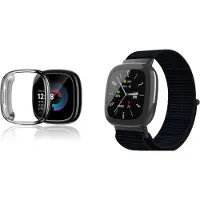 Strap-it Nylon Band (Zwart) + TPU Case (Zwart) - Geschikt voor Fitbit Versa 4 - Zachte Nylon Band - Geweven Nylon Band - Stijlvolle en duurzame bescherming
