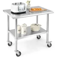 Costway Roestvrijstalen werktafel keuken, roestvrijstalen tafel met in hoogte verstelbare plank en 4 universele wielen, 250 kg draagkracht, 91,5 x 61 x 88,5 cm, keukentafel, demontagetafel, bar