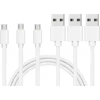 Phonillico 3x Micro USB naar USB A Nylon Gevlochten Kabel Zilver Wit - 1 meter - Oplaadkabel voor Realme 5i (6,52" 2020) / C3 (6,5" 2020) / C11 (6,5" 2020) / C11 (2021) (6,52" 2021)