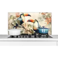 KitchenYeah Spatscherm keuken 100x50 cm - Kookplaat achterwand Toekan - Vogels - Bloemen - Tak - Muurbeschermer - Spatwand fornuis - Hoogwaardig aluminium
