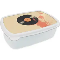 MuchoWow Broodtrommel Wit - Lunchbox Vinylplaat - Zwart - Verfspatten - Retro - Brooddoos 18x12x6 cm - Brood lunch box - Broodtrommels voor kinderen en volwassenen