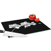KitchenYeah Glazen Snijplank - 39x28 - Orchidee - Bloemen - Zwart - Roze - Knoppen - Snijplanken Glas