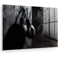 MuchoWow Glasschilderij 180x120 cm - Schilderij acrylglas - Bokshandschoenen - Muur - Duister - Zwart - Foto op glas - Muurdecoratie woonkamer - Wanddecoratie slaapkamer - Schilderijen