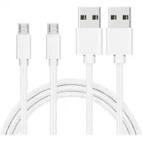 Phonillico 2x Micro USB naar USB A Nylon Gevlochten Kabel Zilver Wit - 1 meter - Oplaadkabel voor Huawei Y7P / Y7 2018 / Y7 PRIME 2018 / Y7 PRO 2018 / Y7 2019 / Y7 PRIME 2019 / Y7 PRO 2019
