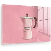 MuchoWow Glasschilderij 180x120 cm - Schilderij acrylglas - Roze - Mokkapot - Illustratie - Koffie - Foto op glas - Muurdecoratie woonkamer - Wanddecoratie slaapkamer - Schilderijen