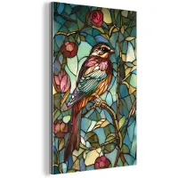 MuchoWow Aluminium schilderij 120x180 cm - Wanddecoratie metaal - Vogel - Tak - Rozen - Mozaïek - Metalen muurdecoratie woonkamer - Decoratie industrieel - Foto op dibond - Industriële accessoires slaapkamer