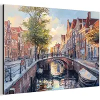 MuchoWow Aluminium schilderij 180x120 cm - Wanddecoratie metaal - Brug - Stad - Huizen - Boot - Metalen muurdecoratie woonkamer - Decoratie industrieel - Foto op dibond - Industriële accessoires slaapkamer