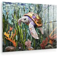 MuchoWow Glasschilderij 160x120 cm - Schilderij acrylglas - Schildpad - Zeewier - Mozaïek - Foto op glas - Muurdecoratie woonkamer - Wanddecoratie slaapkamer - Schilderijen