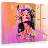 MuchoWow Glasschilderij 160x120 cm - Schilderij acrylglas - Portret - Bloemenkroon - Vrouw - Foto op glas - Muurdecoratie woonkamer - Wanddecoratie slaapkamer - Schilderijen