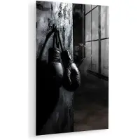 MuchoWow Glasschilderij 120x180 cm - Schilderij acrylglas - Bokshandschoenen - Muur - Duister - Zwart - Foto op glas - Muurdecoratie woonkamer - Wanddecoratie slaapkamer - Schilderijen