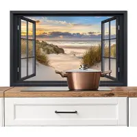 KitchenYeah Spatscherm keuken 100x65 cm - Kookplaat achterwand Doorkijk - Strand - Duinen - Natuur - Landelijk - Raam - Muurbeschermer - Spatwand fornuis - Hoogwaardig aluminium