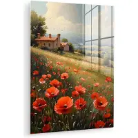 MuchoWow Glasschilderij 120x160 cm - Schilderij acrylglas - Klaprozen - Rood - Heuvels - Landschap - Foto op glas - Muurdecoratie woonkamer - Wanddecoratie slaapkamer - Schilderijen