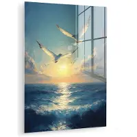 MuchoWow Glasschilderij 120x160 cm - Schilderij acrylglas - Meeuwen - Zee - Wolken -Blauw - Foto op glas - Muurdecoratie woonkamer - Wanddecoratie slaapkamer - Schilderijen