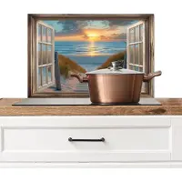 KitchenYeah Spatscherm keuken 60x40 cm - Kookplaat achterwand Doorkijk - Strand - Pad - Zonsondergang - Muurbeschermer - Spatwand fornuis - Hoogwaardig aluminium