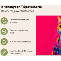 KitchenYeah Spatscherm keuken 70x50 cm - Kookplaat achterwand Kat - Kimono - Bloemen - Roze - Muurbeschermer - Spatwand fornuis - Hoogwaardig aluminium