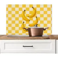 KitchenYeah Spatscherm keuken 80x55 cm - Kookplaat achterwand Bananen - Geel - Geblokt - Muurbeschermer - Spatwand fornuis - Hoogwaardig aluminium