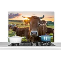 KitchenYeah - Spatscherm - Koeien - Zonsondergang - Natuur - Dieren - Koe - Keuken decoratie - 100x65 cm - Spatscherm koe - Spatwand - Achterwand keuken