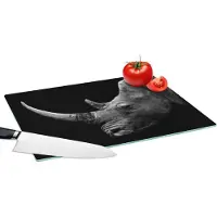 KitchenYeah Glazen Snijplank - 39x28 - Neushoorn - Dieren - Zwart - Wit - Portret - Snijplanken Glas