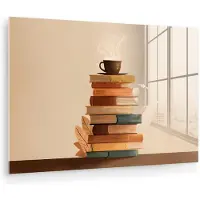 MuchoWow Glasschilderij 180x120 cm - Schilderij acrylglas - Boeken - Toren - Koffie - Beige - Foto op glas - Muurdecoratie woonkamer - Wanddecoratie slaapkamer - Schilderijen