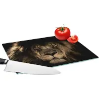 KitchenYeah Glazen Snijplank - 28x20 - Leeuw - Dieren - Zwart - Portret - Snijplanken Glas